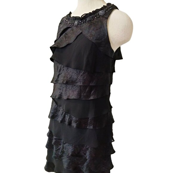 S.L. Fashions Black Embellished Neck Tiered Ruffle Side Zip Dress Size 12 - Picture 3 of 9
